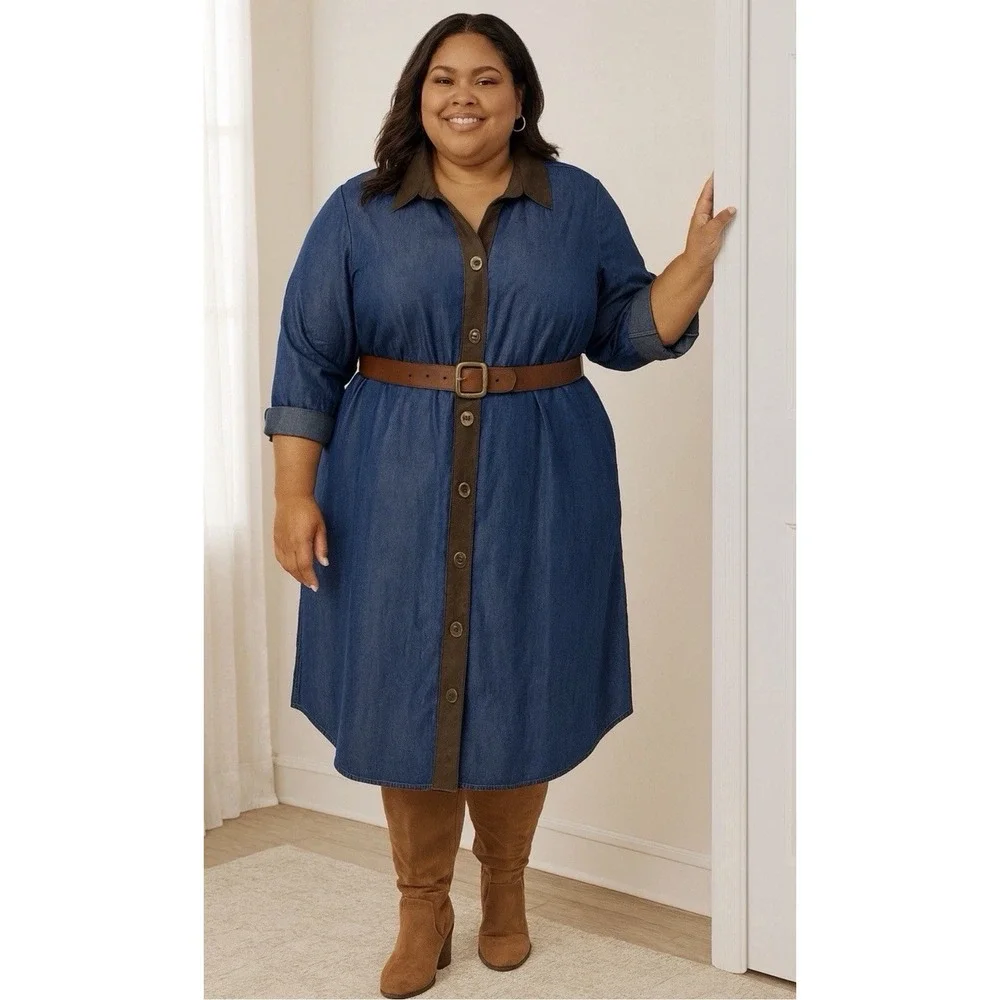 Soft Surroundings 1X Urbina Chambray Midi Dress Turn-Lock Accents Faux Suede